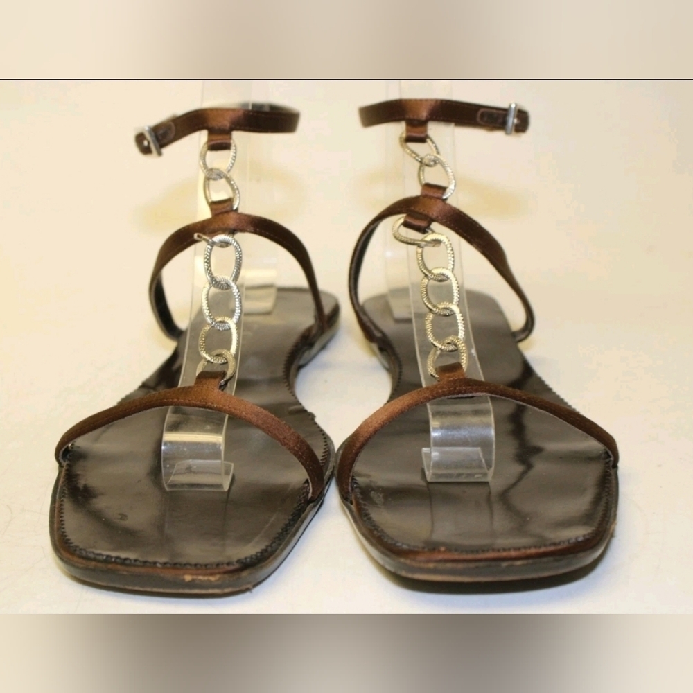 Gucci Sandals 7.5 Italy Made Brown Satin Chain Ankle Strap Shoes - Picture 10 of 14